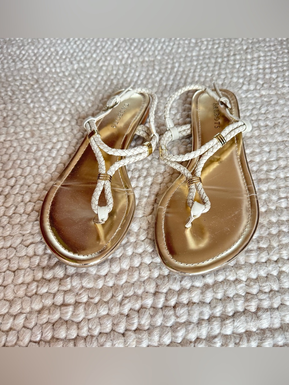 White Braided Thong Sandals with Gold Footbed - Women's
